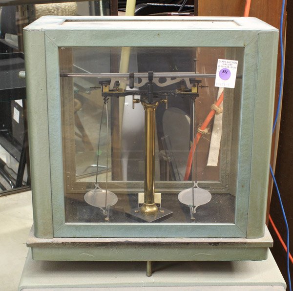 Laboratory balance scale: Laboratory balance scale, metal cased, Voland & Sons New Rochelle NY, 17.5''h x 16''w