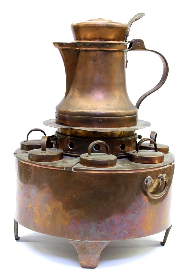 Warming vessel: Copper brazier fitted with a pitcher, and seven coverings, marked Franz Albrecht Jr. Wien, 5 Ltr., 21''h