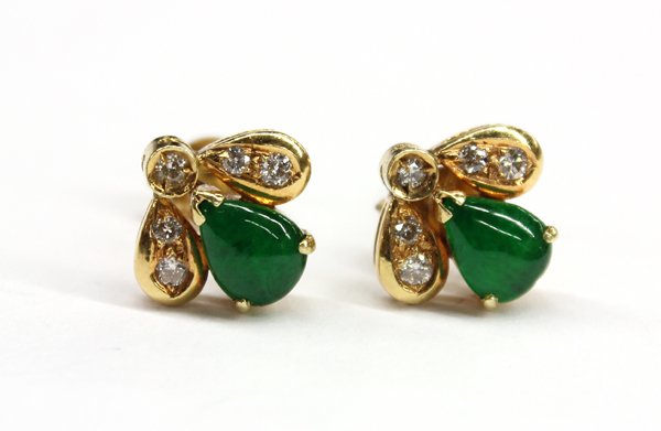 Jade and diamond ''Bee'' earrings yellow gold: Jade and diamond ''Bee'' earrings; mounted in 14k yellow gold, set with (10) diamonds, weighing approximately 0.13 ct. Total weight of earrings 1.9 grams