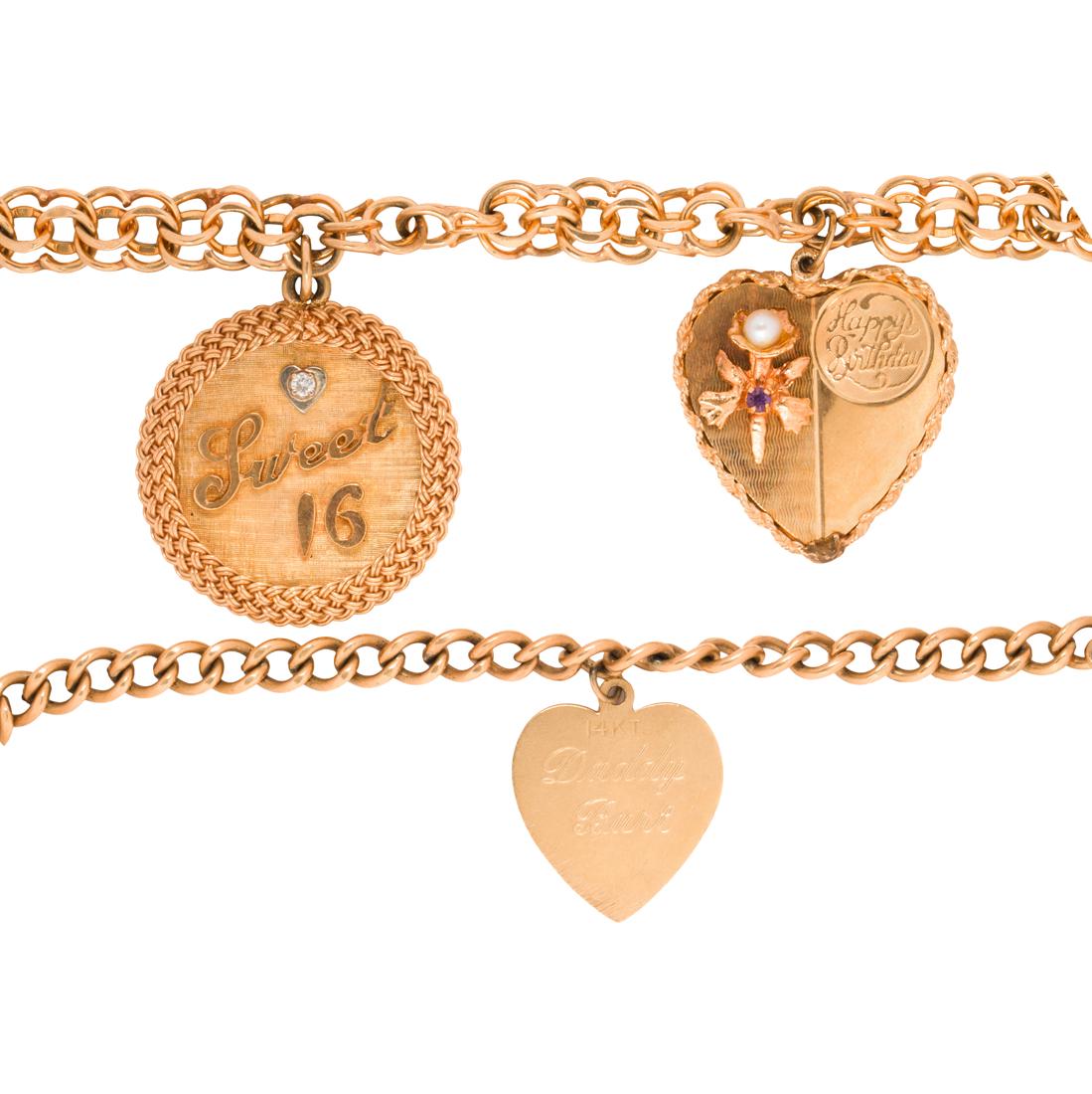 A group of gold charm bracelets: A group of gold charm braceletsincluding 2 charm bracelets, suspending 3 charms, set with a round brilliant-cut diamond, a circular amethyst, and a cultured pearl, in 14k. 27.1 gross dwt; bracelet len