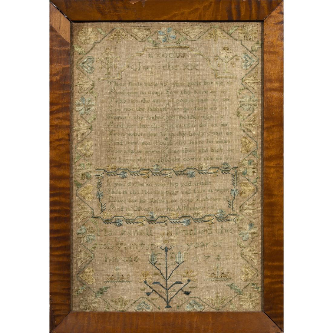 A Framed Needlework Sampler, dated 1748 (1 of 2)