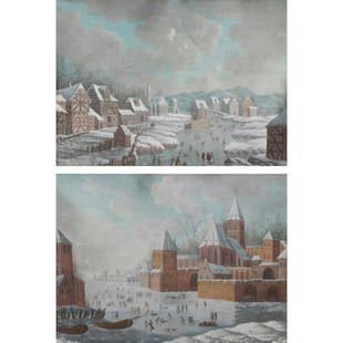 Works on Paper, After Hendrick Avercamp: (lot of 2) After Hendrick Avercamp (Dutch, 1585-1684), Winter Scenes, gouache on paper, each unsigned, each sight: 5.5"h x 7.75"w, each overall (with frame): 7.5"h x 9.75"w