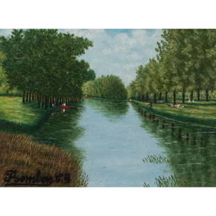 Painting, Camille Bombois: Camille Bombois (French, 1883-1970), Les Chaloupes sur la Riviere, oil on canvas, signed lower left, partial label affixed verso, canvas: 6.5"h x 9"w, overall (with frame): 13.75"h x 15.75"w