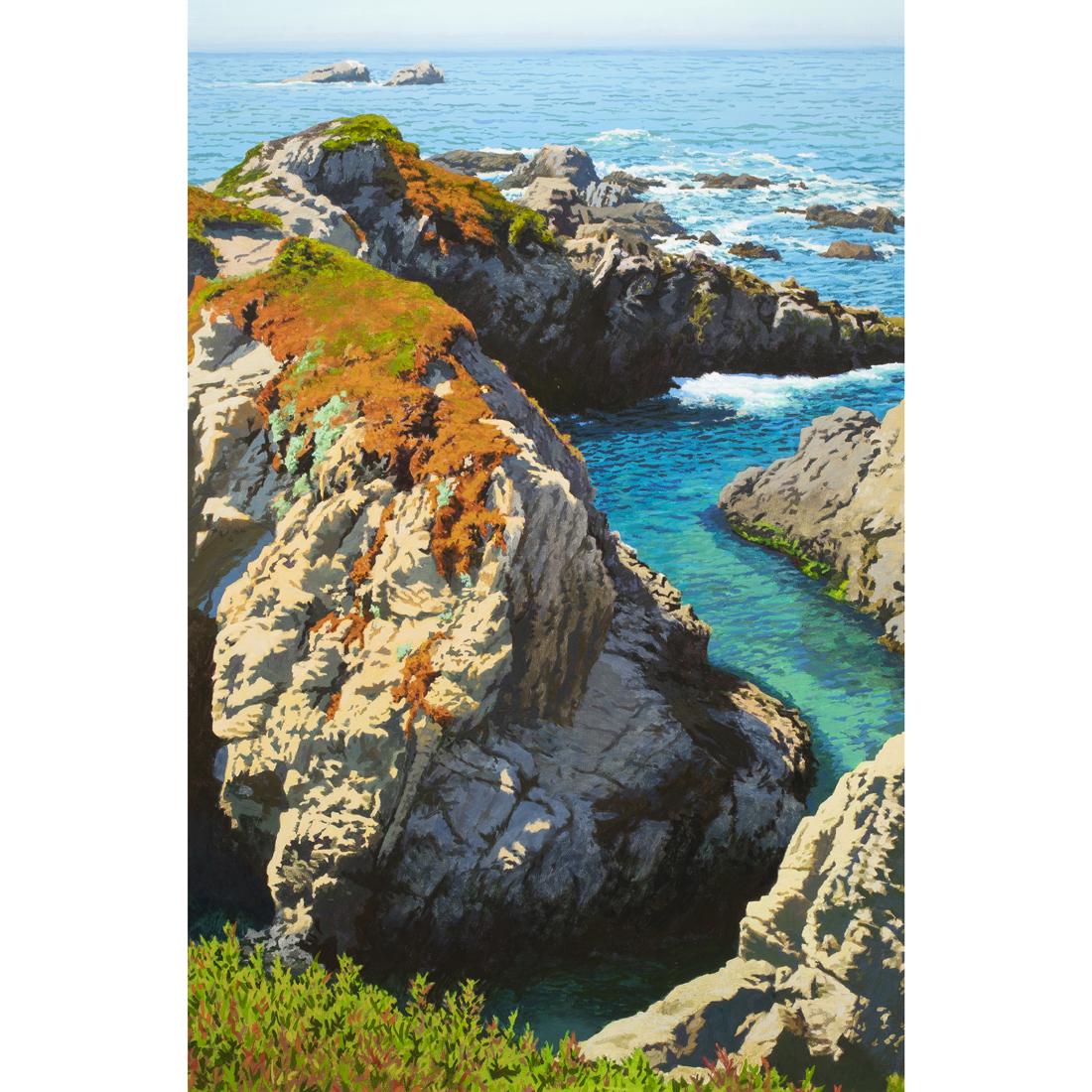 Painting, Peter Loftus: Peter Loftus (American, b. 1948), Ganapata Coast with Ice Plant, oil on canvas, signed faintly lower right, sight: 35.5"h x 23.5"w, overall (with frame): 43"h x 41"w