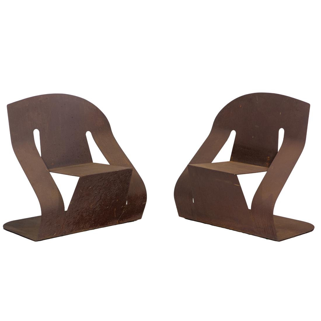 A pair of Rico Eastman 'Rocker' Chairs: A pair of Rico Eastman 'Rocker' Chairs, each having a shaped carbon steel frame, 34"h
