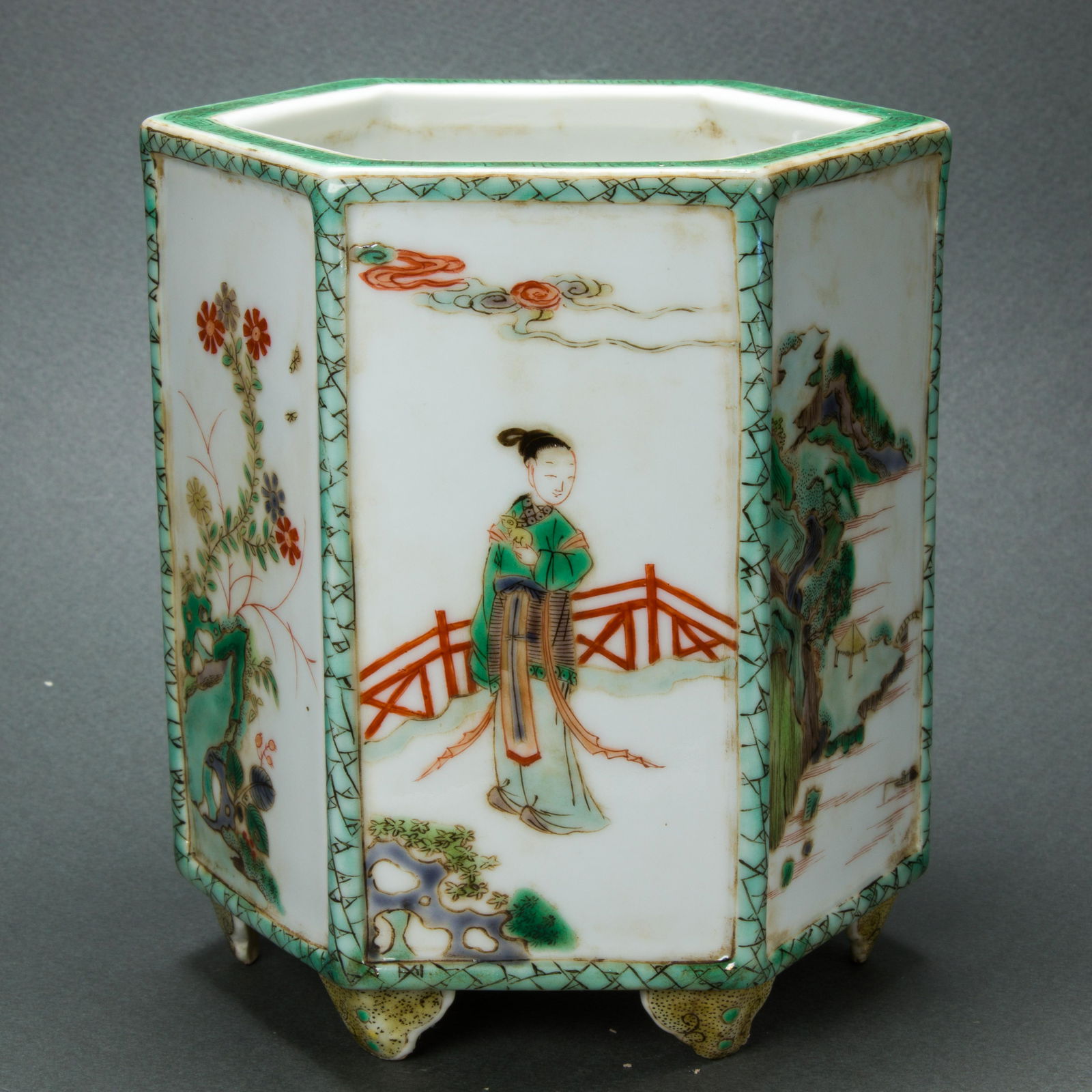 Chinese famille verte hexagonal brush pot (1 of 1)