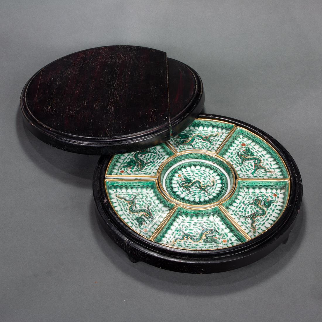 Chinese famille verte 'dragon' sweet meat tray set and wooden box (1 of 1)
