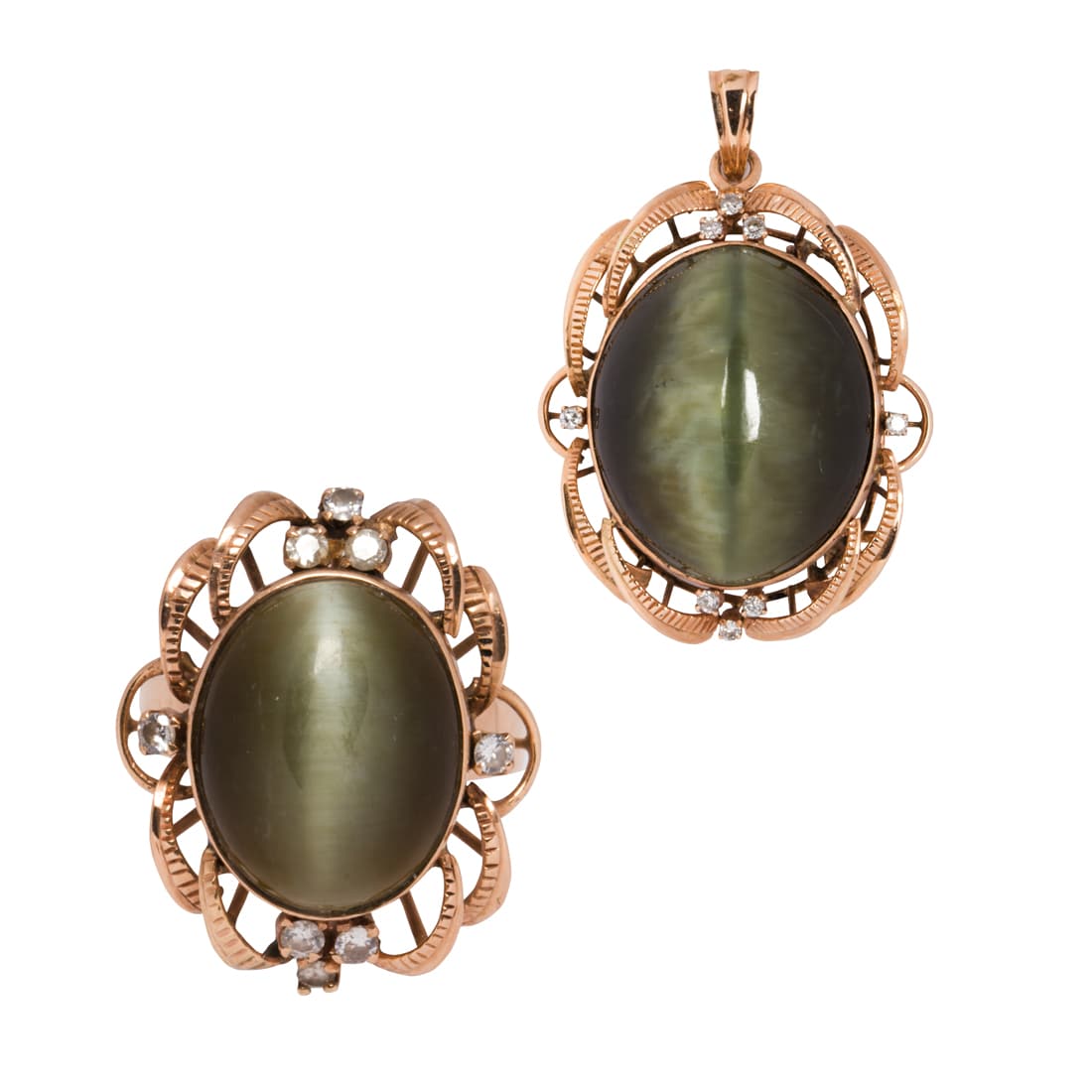 A cat's eye actinolite and 14k gold pendant brooch and ring set (1 of 4)
