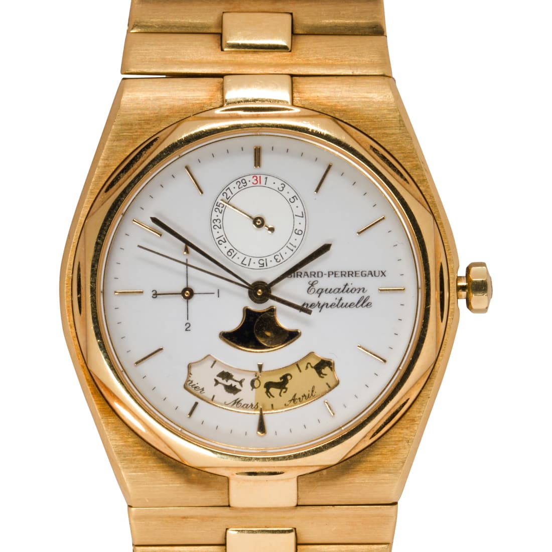 A Girard Perregaux 18k gold quartz watch, Equation Perpetuelle, Ref. 1880 OJ: A Girard Perregaux 18k gold quartz watch, Equation Perpetuelle, Ref. 1880 OJthe white dial applied with baton hours and sword hands, with moonphase, date, month, perpetual calendar, featuring an exhib