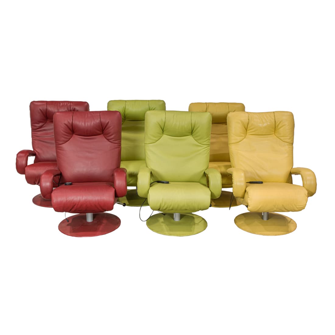 Percival Lafer, Recliners, Six: Percival Lafer, Recliners, Sixleather, in green, yellow and red, 42.5"h