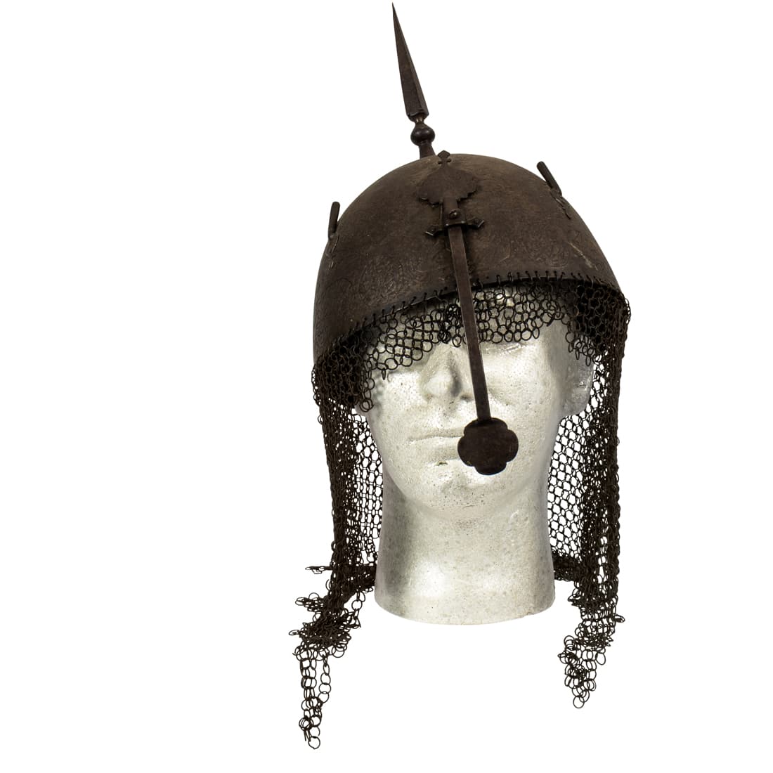 Kulah Khud helmet, of demi hemisphere form headed by a spike: Kulah Khud helmet, of demi hemisphere form headed by a spike, overall decorated with entwining flowering vine tendrils and wide border with Arabic inscriptions, incorporation a hood of chain mail, 15"