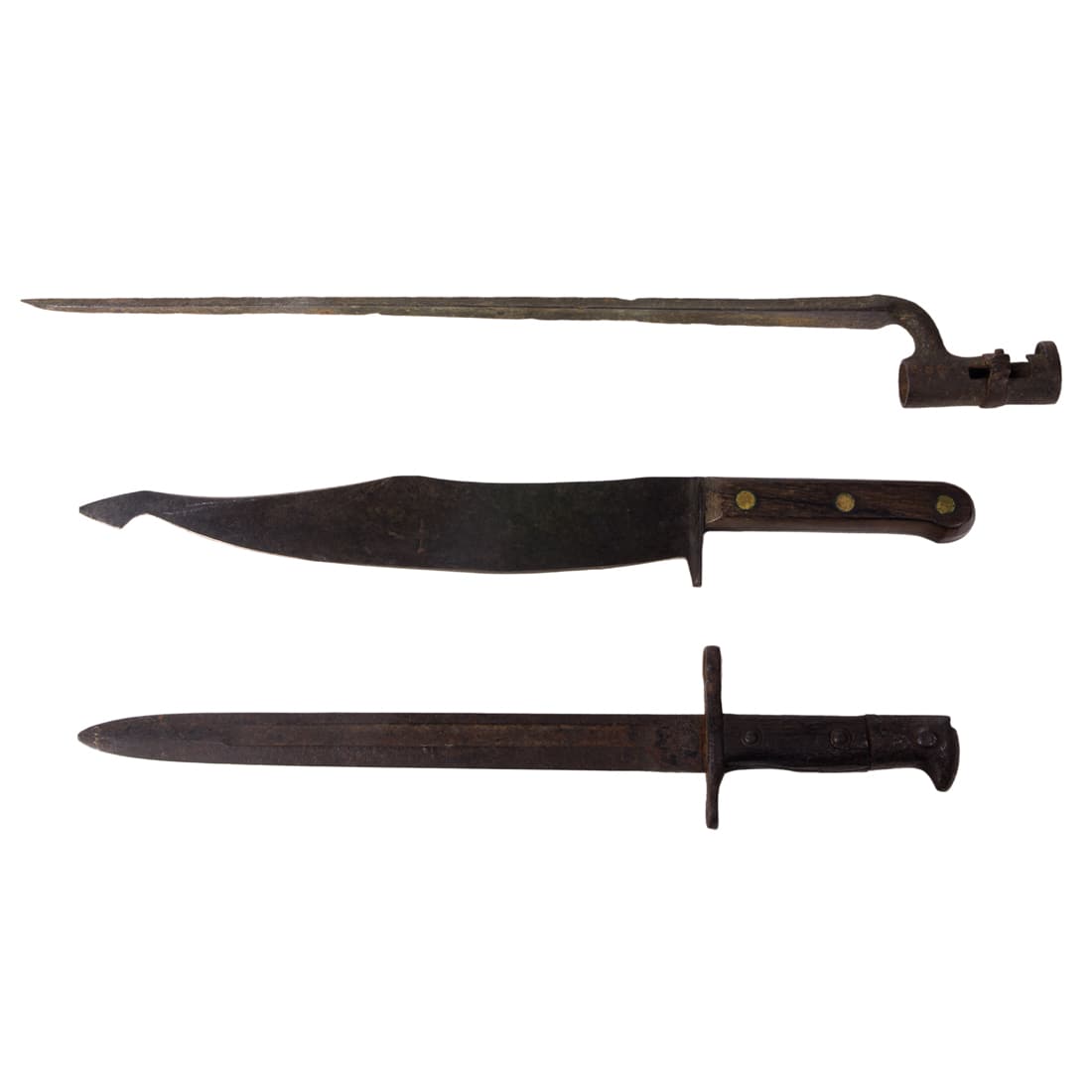 Two bayonets: an U.S .Krag-Jorgensen 1902 16"l and an English Pattern 1853 rifle: Two bayonets: an U.S .Krag-Jorgensen 1902 16"l and an English Pattern 1853 rifle -musket bayonet 20.5"l; en suite with a 17"l Craftsman style sword [3 in total]