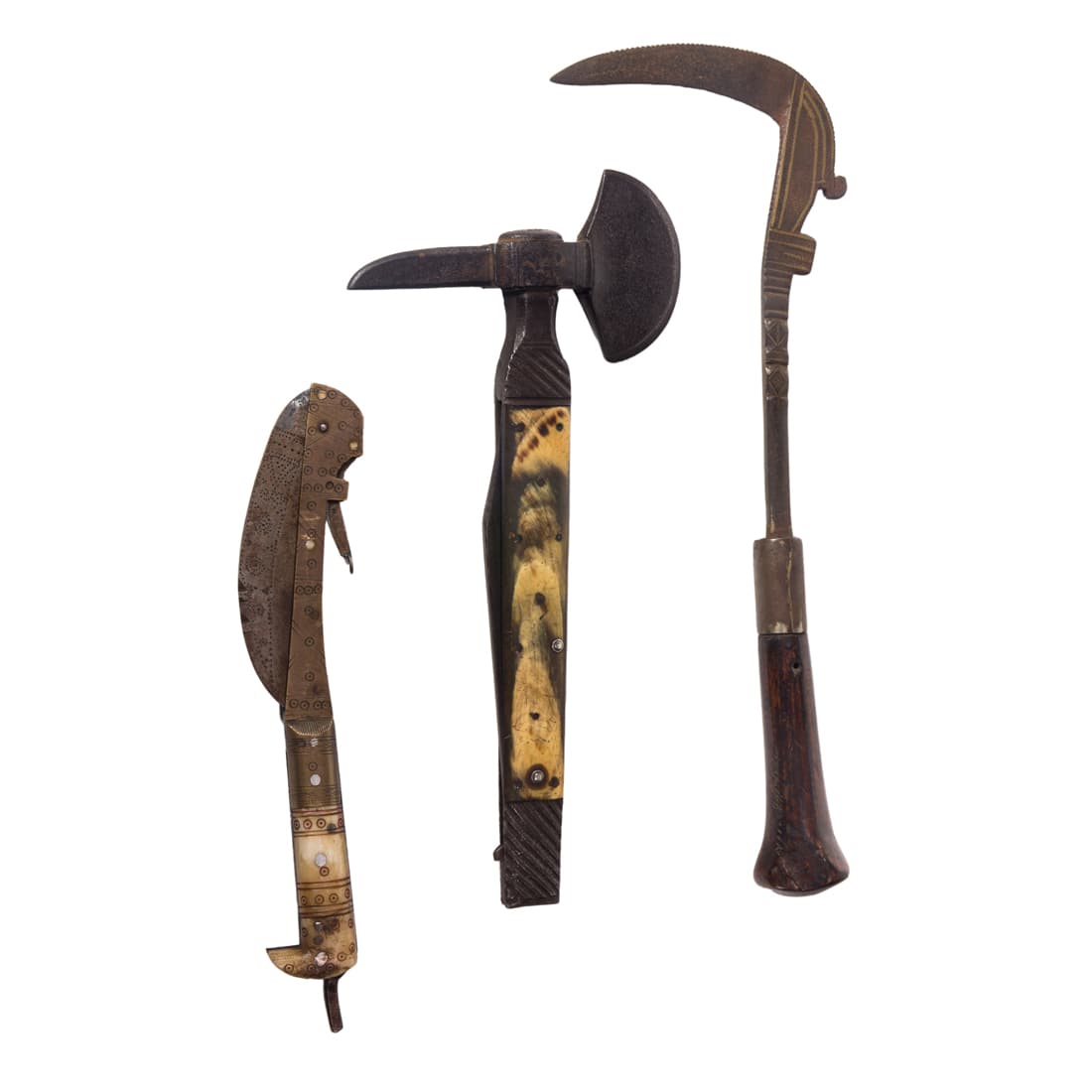 Three Anglo-Indian weapons: (2) scythes and an axe, the longest 12"l: Three Anglo-Indian weapons: (2) scythes and an axe, the longest 12"l