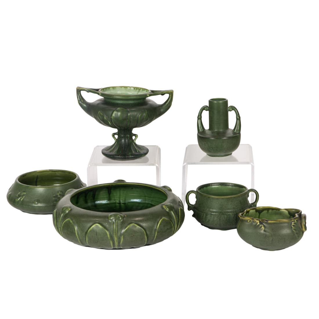 Six Hampshire Arts & Crafts dark green ground pottery pots (1 of 4)