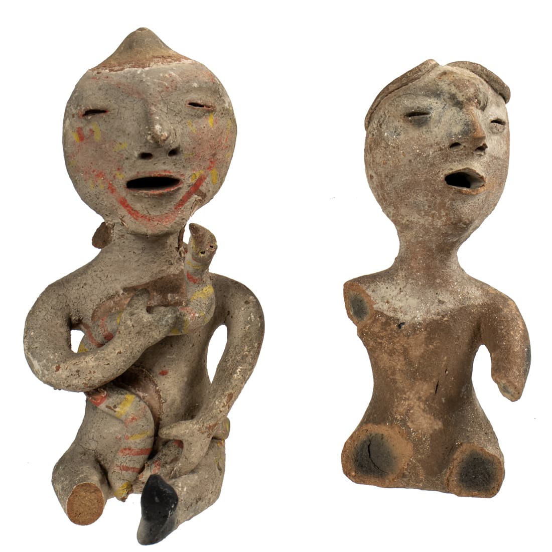 Two Tesuque Pueblo clay seated figures (1 of 3)