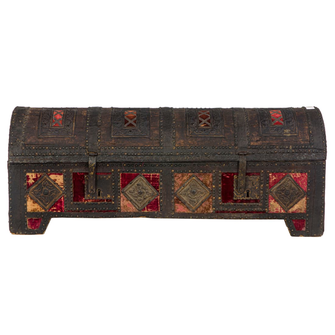 A Spanish wrought iron iron mounted dome form chest likely early 18th century (1 of 4)