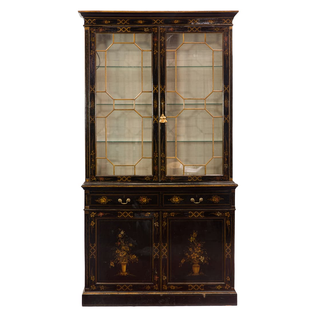 A Chippendale style Japanned breakfront in two parts: A Chippendale style Japanned breakfront in two parts, the top with fixed shelves resting on a two door case with floral decorated fronts, 89"h x 48"w x 18.5"d