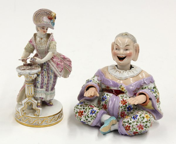 German porcelain group: German porcelain group, one a Meissen figural group depicting a maiden playing cards, dressed in Classical attire, her leg perched upon the outswept base of her card table, rising on a circular base m