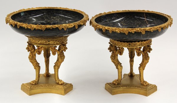 Neoclassical style bronze mounted tazza: Pair of Neoclassical style bronze mounted tazza, the gilt border mount modeled as a conjoined grape and vine cluster surrounding the variegated marble bowl inset within a circular border having three 