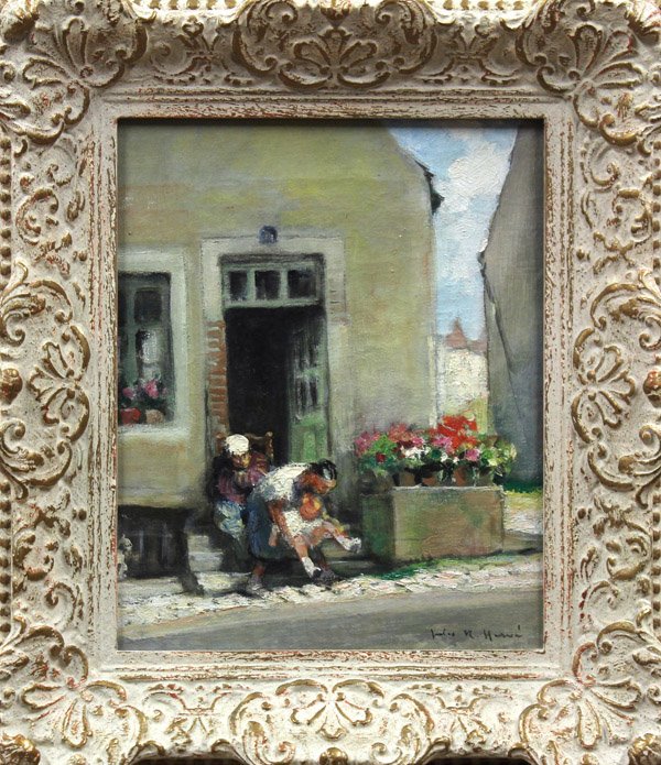 Painting, Jules Rene Herve, Petit Enfant: Framed oil on canvas, ''Une Petite Enfant qui Fait Pipi,'' c. 1955, by Jules Rene Herve (French, 1887-1981), signed ''Jules R. Herve'' lower right, signed and titled verso, with Hotel Continental labe