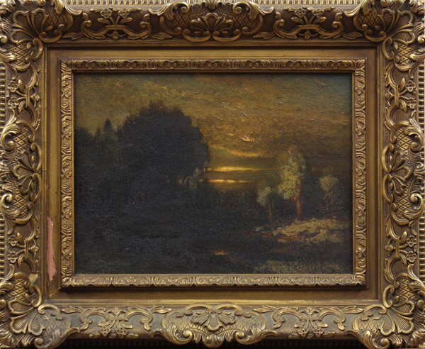 Painting, Robert Crannell Minor, Nocturne: Framed oil on panel, Nocturne, by Robert Crannell Minor Sr. (American, 1839-1904), signed ''R.C. Minor'' lower left, bears Henry Schultheis Company, New York label verso, panel: 8''h x 11''w, overall: