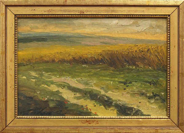Painting, Jan Stanislawski: Framed oil on canvas board, Autumn Landscape, by Jan Stanislawski (Polish, 1860-1907), signed ''Jan Stanislawski'' lower left, board: 7.25''h x 10.75''w, overall: 9.25''h x 12.75''w