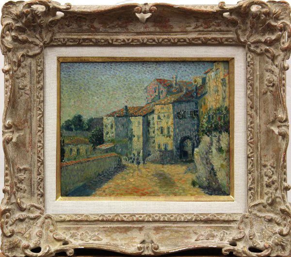 Painting, attributed to Maximilien Luce: Framed oil on board, Pointillist French Village Street Scene, attributed to Maximilien Luce (French, 1858-1941), bears initial lower left, board: 9.25''h x 11.5''w, overall: 15.75''h x 18''w