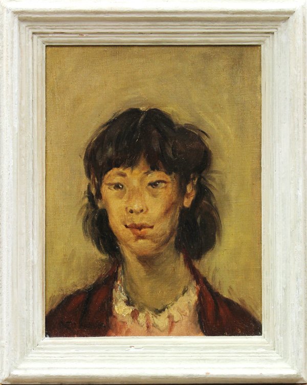 Painting, George Chann, Portrait: Framed oil on canvas, Chinese Girl in Red Sweater, by George Chann (Chinese/American, 1913-1995), signed ''Geo. Chann'' lower left, canvas: 16.125''h x 12.125''w, overall: 20.5''h x 16.375''w