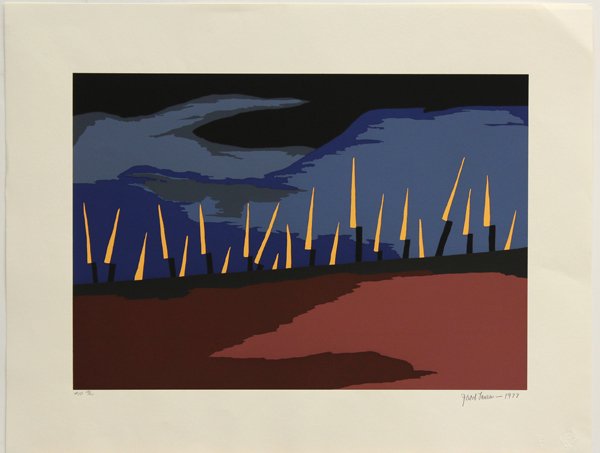 Screenprint, Jacob Lawrence, John Brown #19: Unframed color screenprint, ''Sunday, October 16, 1859, John Brown with a company of 21 men, white and black, marched on Harper's Ferry, #19 (The Legend of John Brown - Porfolio of 22 Screenprints),''