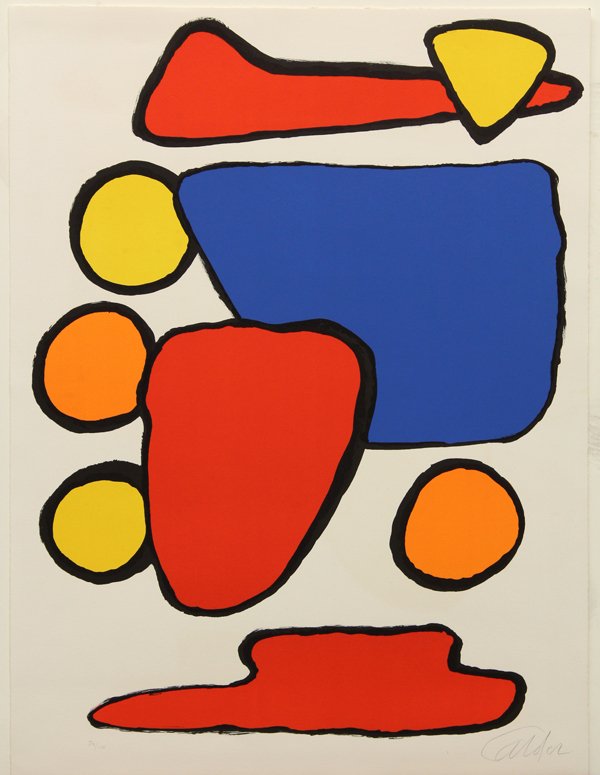 Lithograph, Alexander Calder: Unframed color lithograph, Untitled, 1970, by Alexander Calder (American, 1898-1976), pencil signed ''Calder'' lower right, pencil numbered edition of 100 lower left, paper: 30.75''h x 23''w