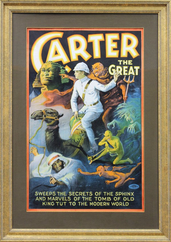 Lithograph, Carter the Great, Otis: Framed original color lithograph poster, ''Carter the Great: Carter on the Camel,'' c. 1930, by Otis Lithography Co., Cleveland, Ohio, bears printer's identification within image, sheet: 27''w x 40.5'