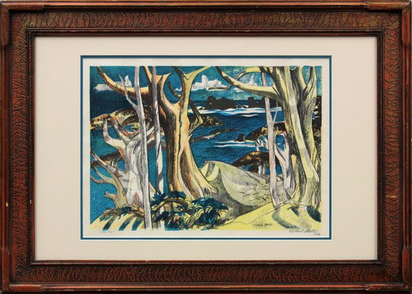 Lithograph, Millard Sheets, The Sea: Framed color lithograph, ''The Sea,'' 1952, by Millard Sheets (Californian, 1907-1989), pencil signed ''Millard Sheets'' lower right, image: 14''h x 20''w, overall: 25.5''h x 35.5''w
