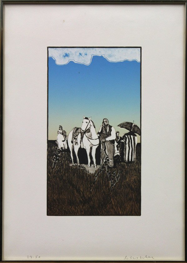 Lithograph, Fritz Scholder, Indians: Framed lithograph, ''Indians,'' c. 1970, by Fritz Scholder (American, 1937-2005), pencil signed ''Scholder'' lower right, pencil numbered edition of 50 lower left, image: 18''h x 10''w, overall: 28.25