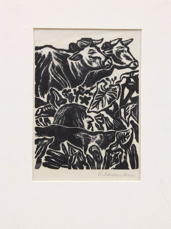 Linocut, Max Ackermann, Cattle: Unframed (matted) linocut, ''Figure and Cattle,'' by Max Ackermann (German, 1887-1975), pencil signed ''Ackermann'' lower right, sheet: 8.625''h x 6.75w, overall: 12''h x 9''w