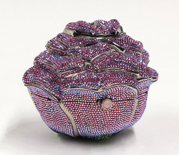 Judith Leiber Precious Rose Minaudiere: Judith Leiber full bead Precious Rose Minaudiere evening bag, the hinged bag opening to a silvered leather interior with Leiber New York tag, 4''h x 4''w
