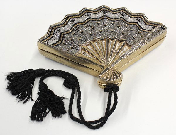 Judith Leiber Fan Minaudiere: Judith Leiber beaded Fan Minaudiere evening bag, with black cord tassel strap, the hinged bag opening to a golden leather interior, having a shoulder strap, double sided mirror and coin purse, with Ju
