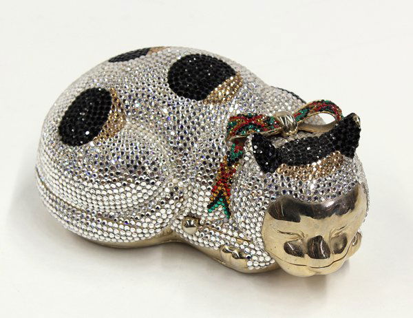 Judith Leiber Sleeping Cat Minaudiere: Judith Leiber beaded Sleeping Cat Minaudiere evening bag, the hinged bag opening to a golden leather interior, having a coin purse and double sided mirror, with Judith Leiber tag, 6'' x 4'' (minor los