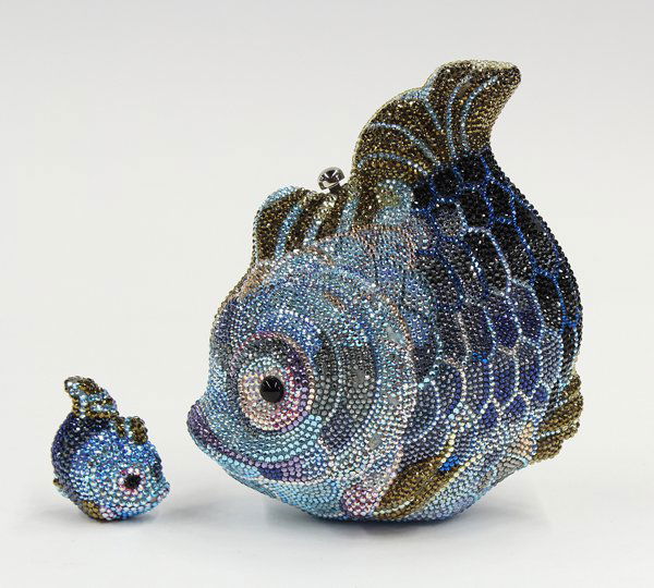 Judith Leiber Fish Minaudiere: (lot of 2) Judith Leiber full bead Jumping Fish Minaudiere evening bag and pill box, the hinged bag opening to a silvered leather interior having shoulder strap, and double sided mirror, with Judith L