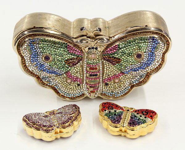Judith Leiber Butterfly Minaudiere: (lot of 3) Judith Leiber beaded Butterfly Minaudiere evening bag together with two butterfly pill boxes, the hinged bag opening to a golden leather interior, having shoulder strap, coin purse, double