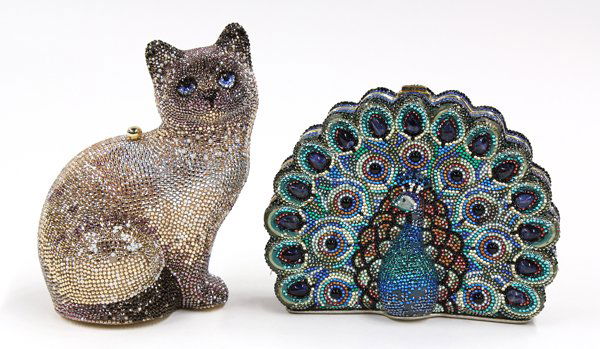Judith Leiber Peacock and Cat Minaudieres: (lot of 2) Judith Leiber full bead Peacock Minaudiere evening bag with shoulder strap, coin purse and double sided mirror, having Liber New York tag, 6'' x 5'', together with a full bead Siamese Cat M