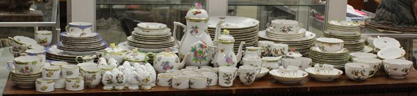 Herend table service: (Lot of 180) Large collection of assembled Herend dinnerware comprising the following patterns: Queen Victoria: 4 dinner plates,6 salad, 4 bread and butter,1 small bowl, 3 coffee cups, 2 mocha cups, 4