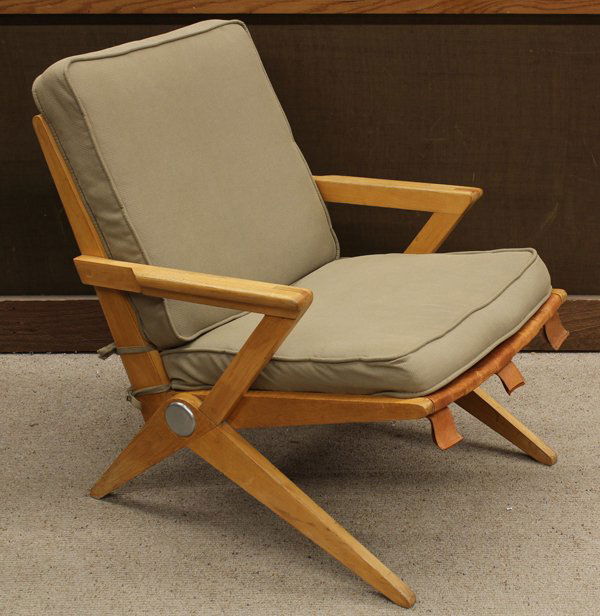 Pierre Jeanneret Scissor chair: Mid century D.M. arm chair by Pierre Jeanneret (Le Corbusier Cousin) ''Scissor'' chair for Knoll, unmarked,30''h x 25''w x 26''d