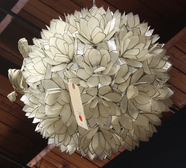 Mid Century hanging fixture: Mid Century floriform chandelier, Verner Panton school, executed in capiz shell with a repeating floral design encompassing the spherical body, 20''d