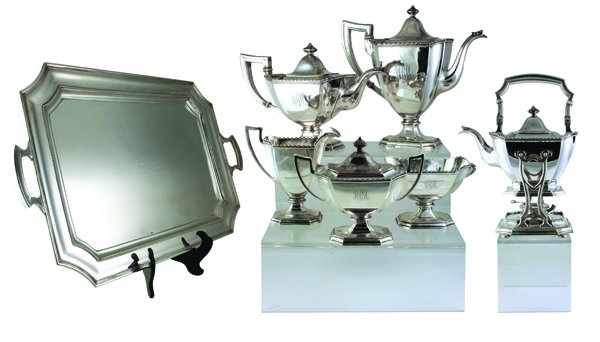 Gorham sterling presentation service: Gorham sterling silver seven piece presentation service comprising coffee pot, teapot, cream jug, covered sugar basin, kettle on stand with warmer, waste bowl, and tray inscribed ''Presented To Willia