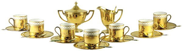 Tiffany & Co. silver-gilt demitasse suite: Tiffany & Co. sterling silver-gilt demitasse suite for nine, 1956-c.1965, comprising cups with Spode porcelain inserts, stands, covered sugar basin, and cream jug; together with eight Norwegian .830 d