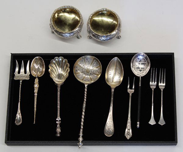 Sterling and fine silver table articles: Sterling silver and fine silver including a pair of Frederick Elkington salt basins, London 1871; Joseph Gloster meat fork, Birmingham, 1901; Coronation anointing spoon, 1937, by Stoddart & Sillett, L