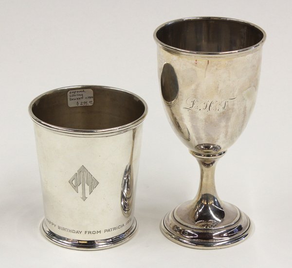 American sterling beaker and goblet: American silver including a sterling beaker by Currier & Roby, New York, 1900-c.1943, detailed with an OTM monogram, and inscribed Happy Bithday from Patricia 1951; together with a coin silver goblet,