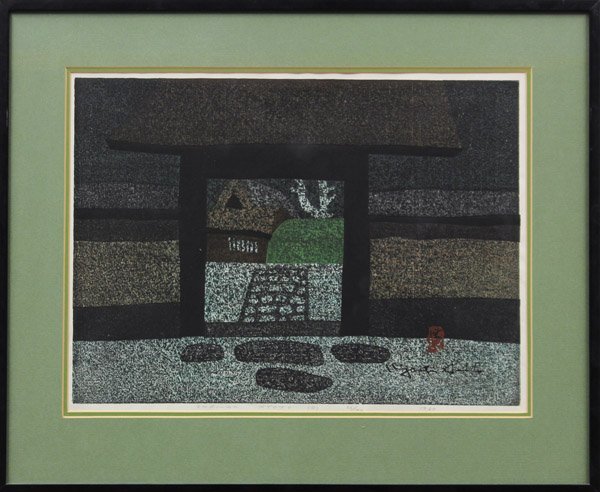 Japanese Large Modern Print, Kiyoshi Saito: Framed Japanese oversize modern color woodblock print (sosaku hanga), by Kiyoshi Saito (1907-1997), entitled Onri-an, Kyoto (D), edition 66/100, dated 1967, signed Kiyoshi Saito in black ink, sealed K