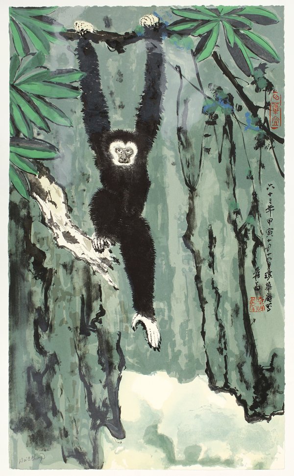 Lithograph, Zhang Daqian/Chang Daichien, Gibbon: Unframed color lithograph, Hanging Gibbon Over the Autumn Stream, by Zhang Daqian/Chang Daichien (Chinese, 1899-1983), lower left signed in pencil 'Dai C Chang', the lower right 'EPI' (=Editions Press