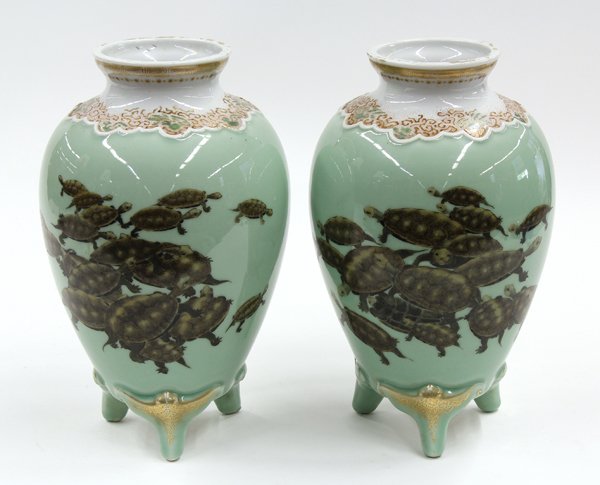 Pair Japanese Seto Ware Vase, Meiji: Pair of Japanese enameled celadon ovoid vases, Meiji period, by Kawamoto Masakichi (1852-1918), each raised on three shaped supports, the dished rim and waisted neck encircled by a molded 'cloud' coll